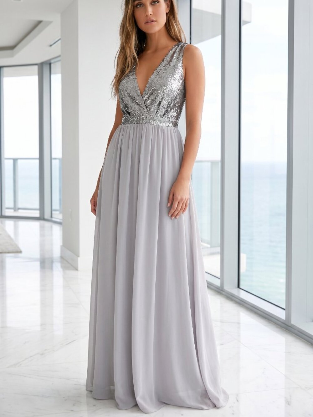 NWT LULU'S elegant encounter sequin lt. pewter maxi dress S